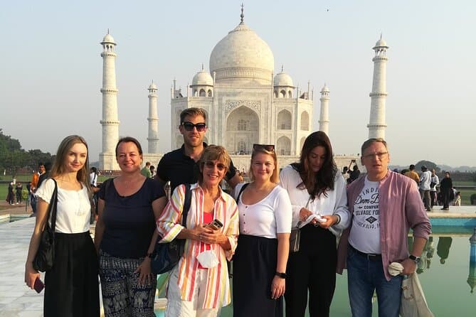 A group of travellers at the Taj Mahal