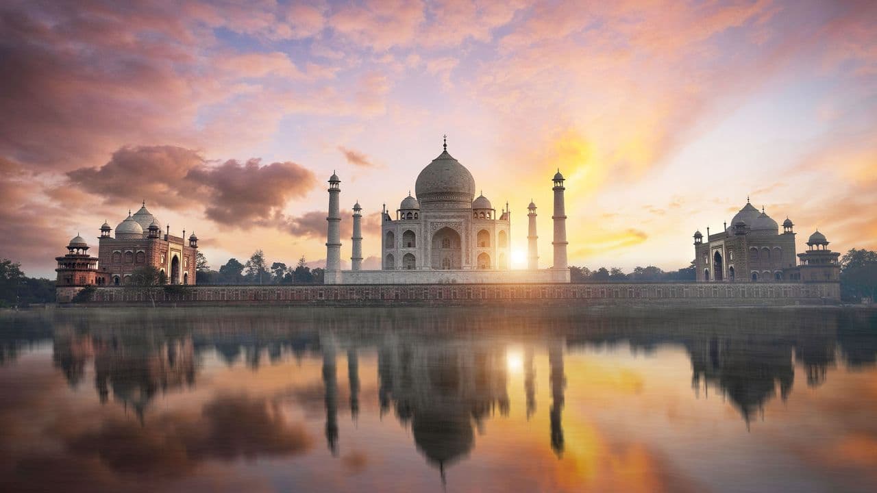 Taj Mahal at sunset over the Yamuna river